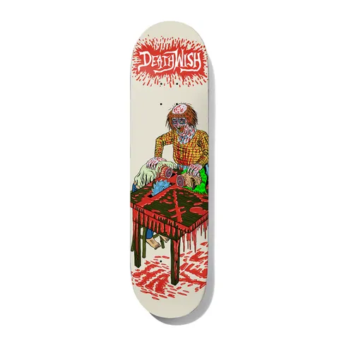 Deathwish Hayes NIGHTMARE CITY 8.475 skateboard deck: Cartoon zombie lumberjack in a plaid shirt with an exposed brain feeding limbs into a bloody table saw, with blood dripping from the table and splattered on the floor. Red blood-splat Deathwish logo at the top.