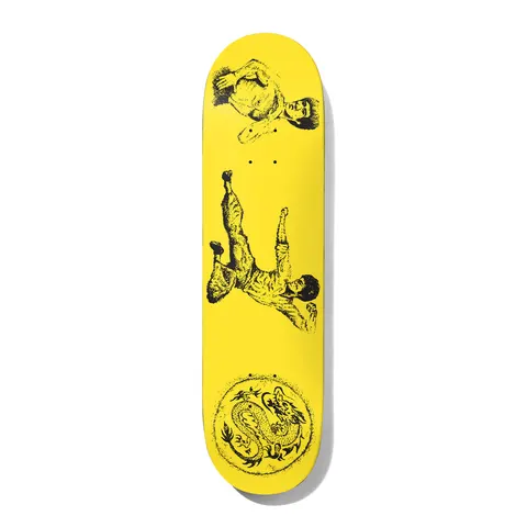 Deathwish Hayes Self Knowledge 8.25 skateboard deck: Bright yellow deck with black stippled illustrations of a martial artist in a flying kick at the centre, a second fighter's portrait near the top and a coiled dragon in a circle at the tail.
