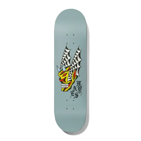 Deathwish Hayes Seven Trumpets 8.5 skateboard deck: Traditional tattoo-style yellow and red demon skull with blue horns and spider-web wings, on a pale grey-blue deck. HAYES in black gothic lettering running down beside it.
