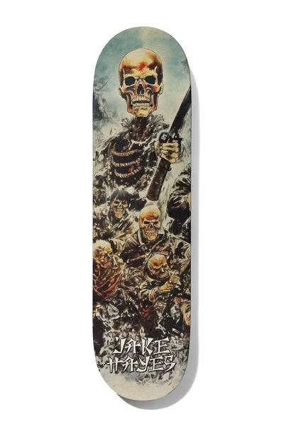 Deathwish Hayes Skull 8.3875 skateboard deck: Painted, weathered illustration of a giant skeleton holding a rifle above a crowd of skull-faced soldiers in battle gear, in sepia and brown tones with a pale blue sky. Jake Hayes name in brush lettering at the tail.