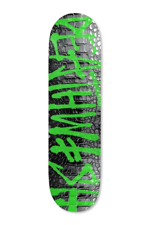 Deathwish Jade Gator 9.0 skateboard deck: Large green spray-paint Deathwish lettering across a black and silver crocodile-skin texture.
