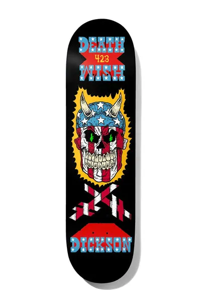 Deathwish Dickson 423 8.5 skateboard deck: Horned skull wearing a stars-and-stripes bandana over a yellow flame outline, above crossed striped bones. Star-patterned block lettering reads Deathwish at the top and Dickson at the bottom, on black.