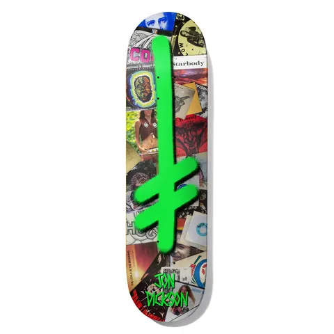 Deathwish Dickson Gang Memorial 8.5 skateboard deck: A large neon green spray-painted Deathwish gang logo cross over a collage of old vinyl record sleeves, with the rider name in green graffiti lettering at the tail.