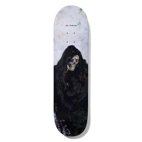 Deathwish Dickson Take Your Time 8.0 skateboard deck: Loose painted figure in a black hooded robe with a face made of multicoloured paint daubs like a skull, against a pale speckled background. Rider name handwritten at the top.