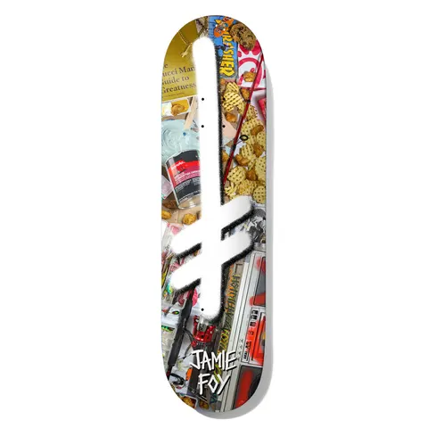 Deathwish Foy Gang Memorial 8.125 skateboard deck: A large white spray-painted Deathwish gang logo cross over a photographed jumble of fried chicken, waffle fries, fishing tackle, a boombox and magazines, with the rider name in white graffiti lettering at the tail.