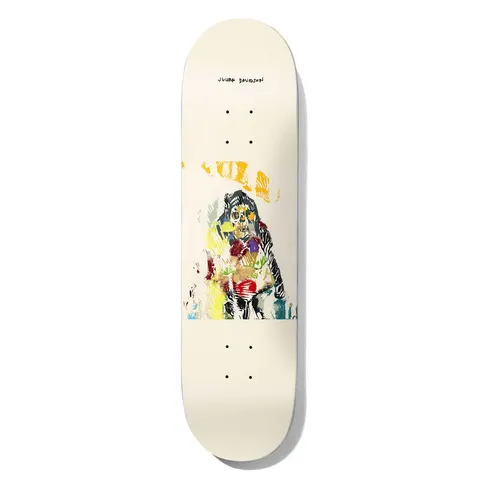 Deathwish Julian Am In Trouble 8.5 skateboard deck: Cream deck with a rough printmaking-style hooded figure with a skull face in black, yellow, red, green and blue scraps of colour, in a square block at the centre. Rider name handwritten at the top.