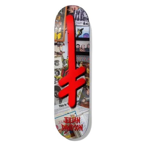 Deathwish Julian Gang Memorial 8.25 skateboard deck: Large red spray-painted Deathwish Gang Logo cross over a dense collage of photos, magazine clippings, album art, butterflies and newspaper text. Rider name in red gothic lettering at the bottom.