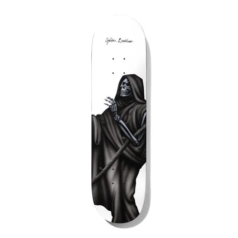 Deathwish Julian Youre Gonna Lose Your Soul 8.0 skateboard deck: A hooded Grim Reaper with a grey skull face and skeletal hand, wrapped in a dark robe and gripping a rope, painted in an airbrushed style on a plain white deck, with a signature at the top.