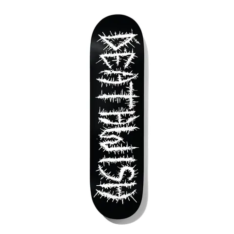 Deathwish Julian Mind Wars 8.25 skateboard deck: The Deathwish name in spiky white gothic lettering with thorny barbs, running vertically down a plain black deck.
