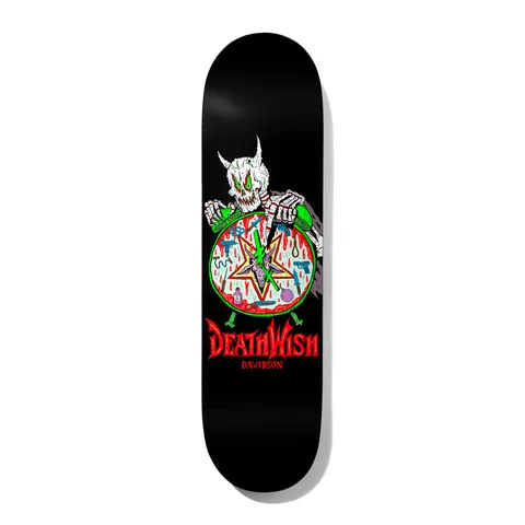 Deathwish Julian NIGHTMARE CITY 8.25 skateboard deck: Horned skeleton gripping a green alarm clock with a bloody pentagram face, surrounded by guns, knives and pills, on a black deck. Red Deathwish logo and rider name below.