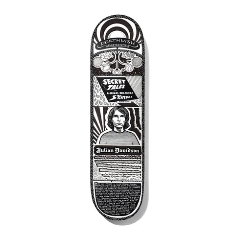 Deathwish Julian Secret Tales 8.5 skateboard deck: A black and white pen-and-ink poster-style layout with a 'Secret Tales of Long Beach Skaters' banner, a portrait of a long-haired man in a striped top, name plate for Julian Davidson, wavy patterns and a block of biography text.