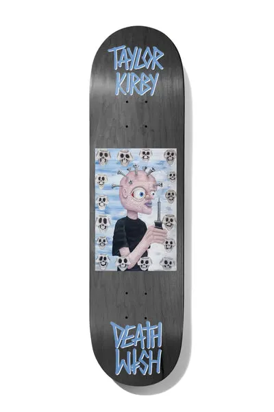 Deathwish Kirby All Screwed Up 8.0 skateboard deck: Framed painting on a grey-stained deck of a pink-faced figure with nails and screws in its head, holding a screwdriver, against a blue sky pattern of grinning skulls. Kirby name at top and Deathwish logo at the tail in pale blue.