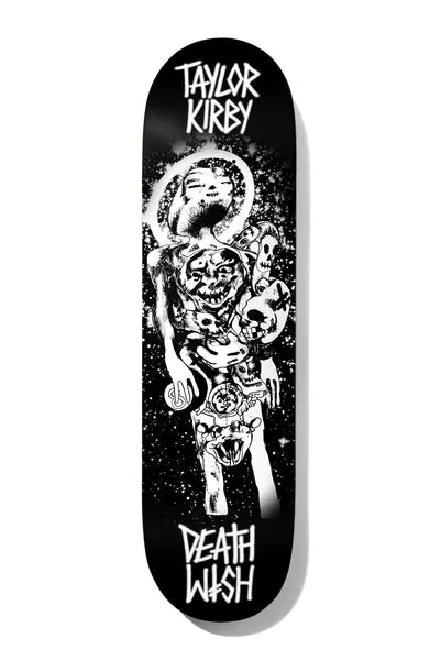 Deathwish Kirby Ascending 8.25 skateboard deck: Black deck with a white line-art figure rising through a starry speckled sky, a halo-like head above a body covered in small grotesque faces, skulls and creatures. Rider name at the top and brand logo at the bottom.