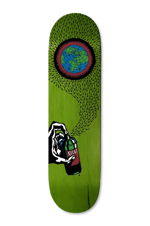 Deathwish Kirby Bless This Mess 8.25 skateboard deck: A hand holding a spray can with the rider's name sprays a trail of tiny arrows towards a globe in a ring, on a green deck. Illustrated in black, red and blue.