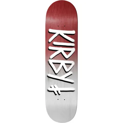 Deathwish Kirby Burgandy White Gang Name 8.5 skateboard deck: Large white spray-paint style lettering 'KIRBY' with a Deathwish cross-hatch symbol beneath, on a burgundy to white fade.