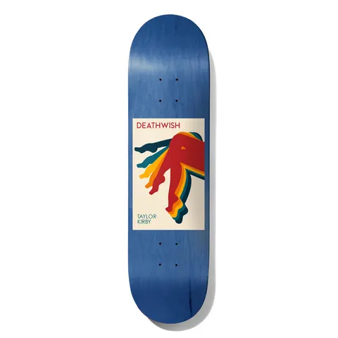 Deathwish Kirby Carousel 8.38 skateboard deck: Blue stained deck with a cream rectangular panel showing stacked silhouettes of kicking legs in red, orange, yellow and teal, in a retro poster style. Deathwish and rider name printed on the panel.