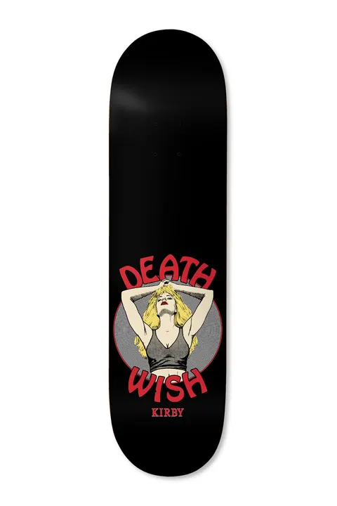 Deathwish Kirby Cathouse 8.3875 skateboard deck: Illustration of a blonde woman in a grey crop top with her arms raised behind her head, inside a grey circle, with red DEATH WISH lettering curved round her and Kirby below, on a black deck.