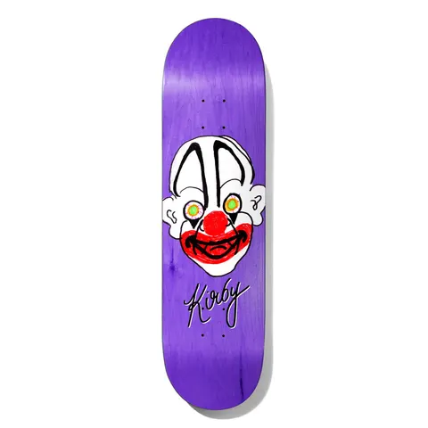 Deathwish Kirby Chatman 8.5 skateboard deck: A crudely drawn clown face with white make-up, black brows, red nose and mouth and glowing green-yellow eyes, on a purple stained deck. A handwritten Kirby signature sits below.
