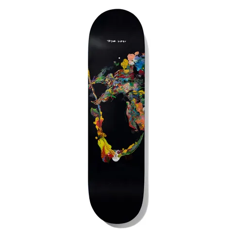 Deathwish Kirby Devils Playground 8.25 skateboard deck: Black deck with a loose, painterly scrawl of multicoloured paint strokes forming a skeletal reaper figure with a scythe, curving into a loop. The rider name is handwritten in white near the top.