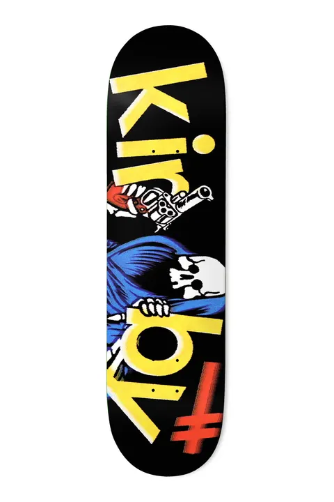 Deathwish Kirby Final 8.25 skateboard deck: Black deck with the name KIRBY in large yellow lettering running down the board, with a blue-hooded skeleton holding a revolver peeking from behind the letters. A red inverted-cross Deathwish mark sits at the bottom.