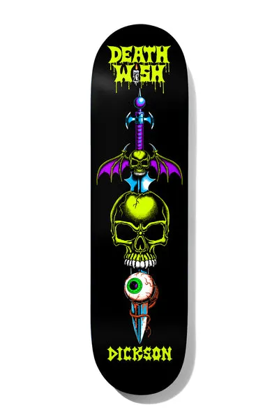 Deathwish Dickson Forgotten Relics 8.25 skateboard deck: Black deck with a neon-coloured sword hilt with purple bat wings above a yellow-green skull, with an eyeball on the blade below. Dripping slime logo at the top and rider name at the bottom.