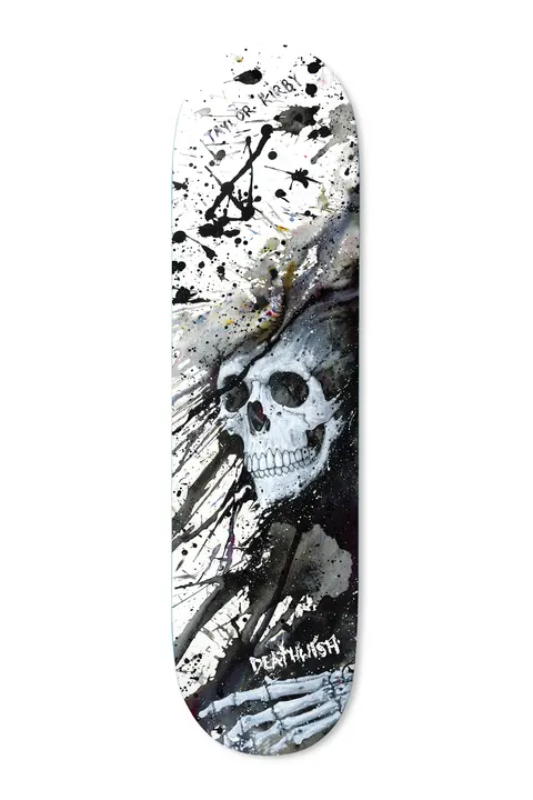 Deathwish Kirby Light In My Hand 8.25 skateboard deck: Painted skull in a dark hood emerging from black ink splatters on a white deck, with a skeletal hand at the bottom and handwritten rider name near the top.