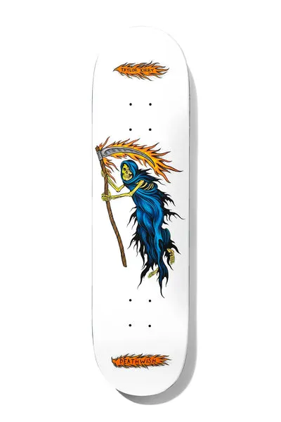 Deathwish Kirby Passing Through 8.125 skateboard deck: Grim Reaper skeleton in a ragged blue robe carrying a long scythe with a flaming blade, on a white deck. The rider name and brand name sit in orange flame-shaped banners at top and bottom.