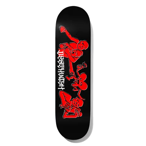 Deathwish Kirby Sleeper Hold 8.0 skateboard deck: Red figures drawn in a rough outline style on a black deck: one person choking another in a sleeper hold, with a heart-shaped character and a smaller figure beside them. The brand's white lettering runs vertically through the middle.