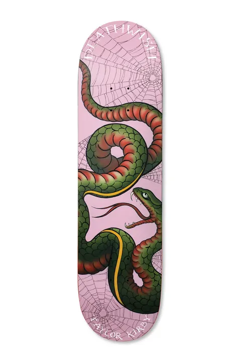 Deathwish Kirby Spirit Animal 8.475 skateboard deck: Traditional tattoo-style green and red snake coiled across a pink deck with open mouth and forked tongue, surrounded by faint spider webs.