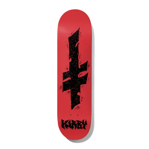 Deathwish Kirby Success 8.0 skateboard deck: Large black splattered, ragged-edged Deathwish cross glyph in the centre of a red deck, with 'Kirby' in black spiky metal-style lettering at the tail.
