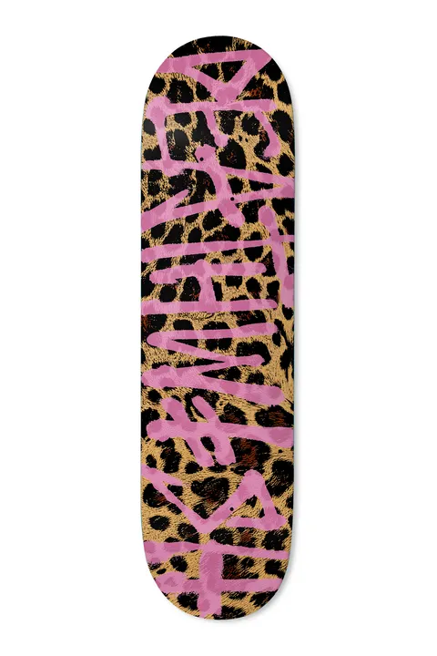 Deathwish Leopard Spray 8.38 skateboard deck: Pink spray-painted tag-style Deathwish lettering over a leopard print background running the length of the deck.