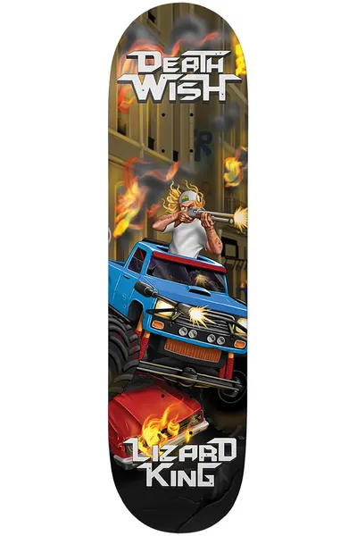 Deathwish Lizard King Metal Mayhem 8.125 skateboard deck: Painted scene of a blond man in a white vest firing a shotgun from a blue monster truck crushing a red car, with fires and a ruined street behind. Metallic Deathwish logo at the top and rider name at the bottom.