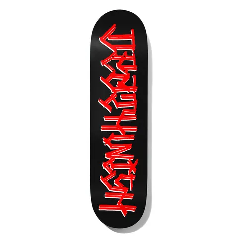 Deathwish Muchachos 8.5 skateboard deck: Deathwish in scratchy, overlapping red and white hand-drawn letters running down a black deck.