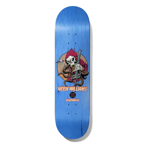 Deathwish Neen Astrovore Twin 8.25 skateboard deck: A hooded skeleton in a crimson cloak grips a gun-like weapon while an octopus tentacle coils round it, in front of a tan circle and a distant city skyline. Neen Williams in flame-edged lettering below, with a round logo and the Deathwish name.
