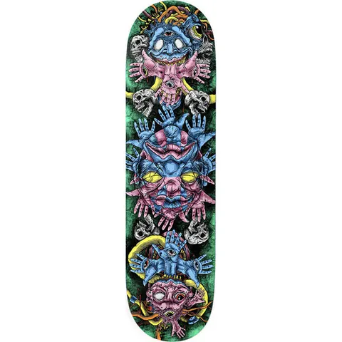 Deathwish Neen Controlled Chaos Twin 8.125 skateboard deck: Dense illustration of three stacked grotesque blue and pink demon faces surrounded by many open hands with eyes in the palms and white skulls. Set against a green marbled background with yellow and orange tendrils.