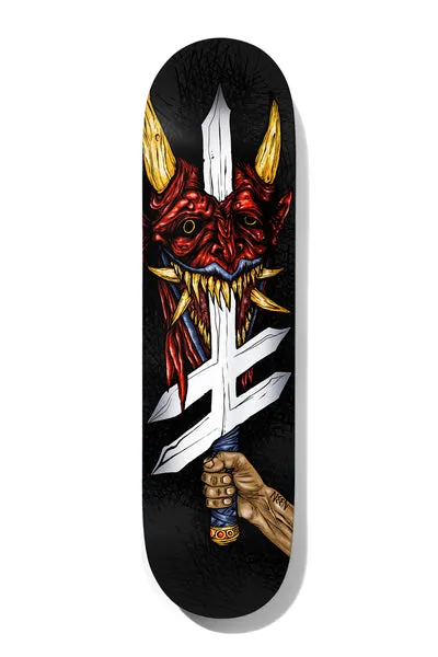 Deathwish Neen Demon Slayer 8.25 skateboard deck: Black deck with a red horned demon mask with golden fangs, pierced by a white sword whose crossguard forms the Deathwish logo. A hand grips the hilt at the tail.