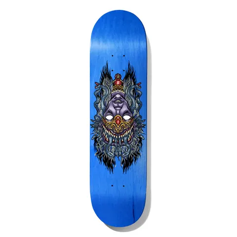 Deathwish Neen Hidden Inside 8.25 skateboard deck: Upside-down purple mask-like face with white eyes, a golden beaked mouth with fangs and a red jewelled crown, surrounded by blue serpents and dark flames, on a bright blue deck.