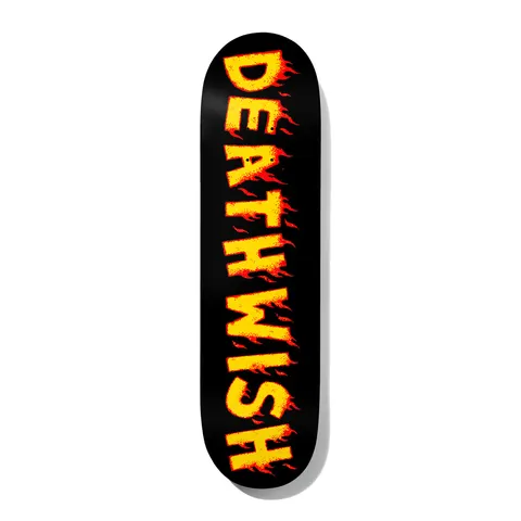 Deathwish Dickson Mind Wars 8.475 skateboard deck: Deathwish name in large yellow stencil-style capitals with red flames licking from the letters, running down the length of a black deck.