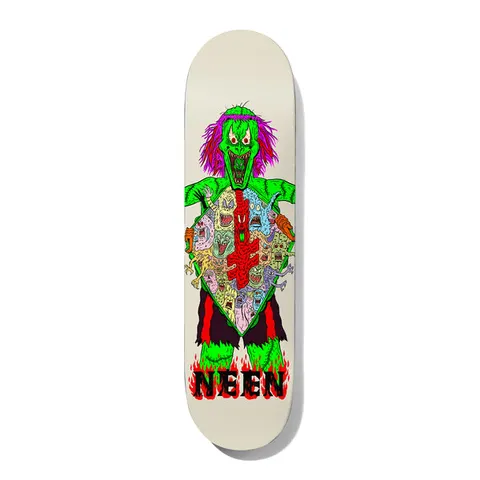 Deathwish Neen NIGHTMARE CITY 8.0 skateboard deck: Cartoon green monster with purple hair and red eyes holding a shield-shaped belly full of tiny colourful monster faces and a red inverted cross, standing in flames. NEEN is written in gothic lettering at the tail on a cream deck.