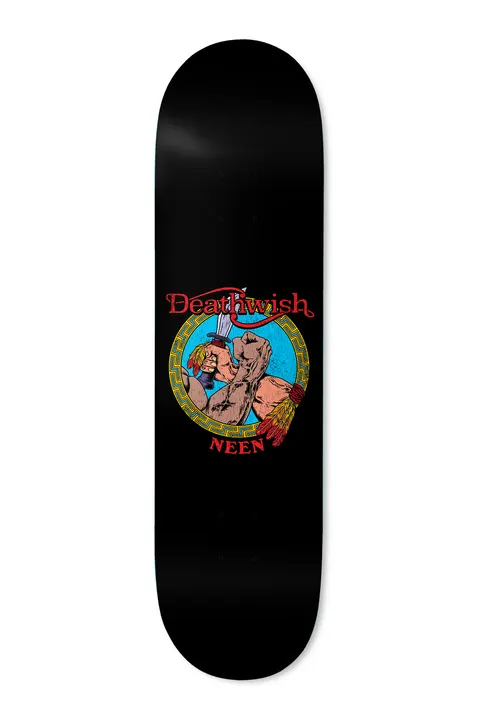 Deathwish Neen Over The Top 8.25 skateboard deck: A muscular arm gripping a dagger inside a circular Greek-key border, with feathered armbands, under the red Deathwish script logo and the rider name. Black deck with a bright blue, yellow and red illustration.