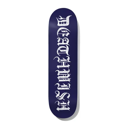 Deathwish Neen Resurrection 8.25 skateboard deck: The Deathwish name in ornate white blackletter, speckled and running up the length of a plain navy blue deck.