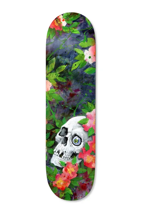 Deathwish Neen We Fell Into It 8.5 skateboard deck: Painted skull with one oversized blue eye peeking out from dense green leaves and pink and red wild roses, over a dark purple-blue watercolour background. Full-bleed graphic.