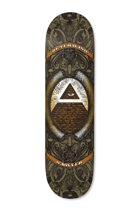 Deathwish ODwyer All Seeing 8.5 skateboard deck: All-seeing eye in a pyramid inside an oval framed by a coiled serpent, surrounded by ornate baroque foliage and skulls in olive and gold on black. Orange banners carry the brand and rider names.
