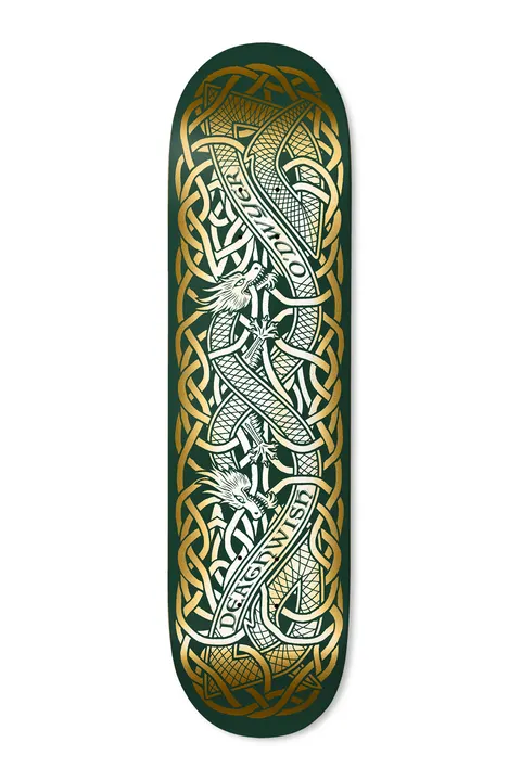 Deathwish ODwyer Duality 8.5 skateboard deck: Dark green deck with gold foil Celtic knotwork, in which two intertwined serpent-dragons carry banners with the brand name in white. Dense interlaced border all around.