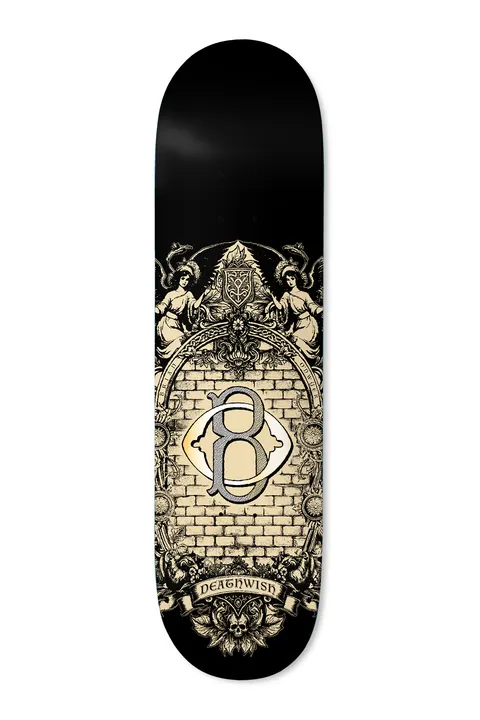 Deathwish ODwyer Heritage 8.125 skateboard deck: Cream and black engraving-style crest on a black deck: a large ornate letter B over a brick arch, flanked by two angels and topped with a shield, with a skull at the foot. Brand name on a scroll banner.