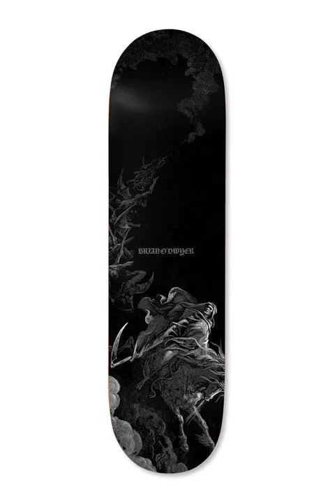 Deathwish ODwyer Lineage 8.25 skateboard deck: Dark engraving-style scene of a hooded Death figure with a scythe on a rearing horse, with smoke and a swarm of figures rising behind, in monochrome black and grey. Brian O'Dwyer is printed in small gothic lettering.