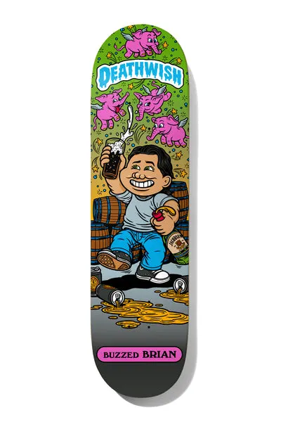Deathwish ODwyer Low Life Kids 8.3875 skateboard deck: Garbage-pail-kids style cartoon of a grinning boy raising a foaming beer glass and holding a bottle among barrels and spilled cans, with winged pink elephants flying overhead on a green background. Pink name plate at the bottom.