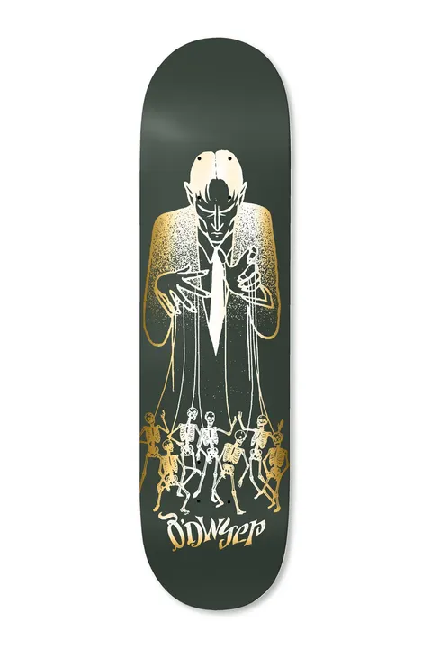 Deathwish ODwyer Puppet Master 8.0 skateboard deck: Gold and white illustration of a tall pale puppeteer in a suit controlling a group of dancing skeletons on strings, on a dark green deck. Rider name in gold script at the tail.
