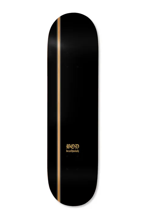 Deathwish ODwyer Reckoning 8.3875 skateboard deck: Plain black deck with a single thin natural wood stripe running down its length and a small gold gothic BOD deathwish logo near the tail.