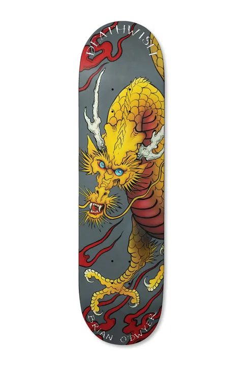 Deathwish ODwyer Spirit Animal 8.0 skateboard deck: Traditional Japanese-style yellow dragon with blue eyes, claws and red body scales, curling through red clouds on a grey deck. Brand name curved at the top and rider name at the bottom.